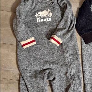 ISO: 12-18 month Roots Charcoal Baby Jumpsuit with Striped Cuffs